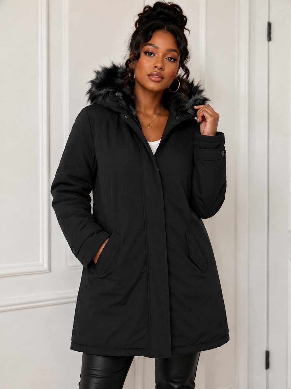 Classic Black Hooded Winter Parka with Faux Fur Trim